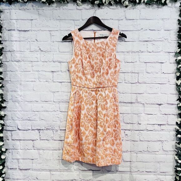 Trina Turk Orange Floral Brocade Print Sleeveless Pleated Fit Flare Dress Size 2 - Picture 1 of 13